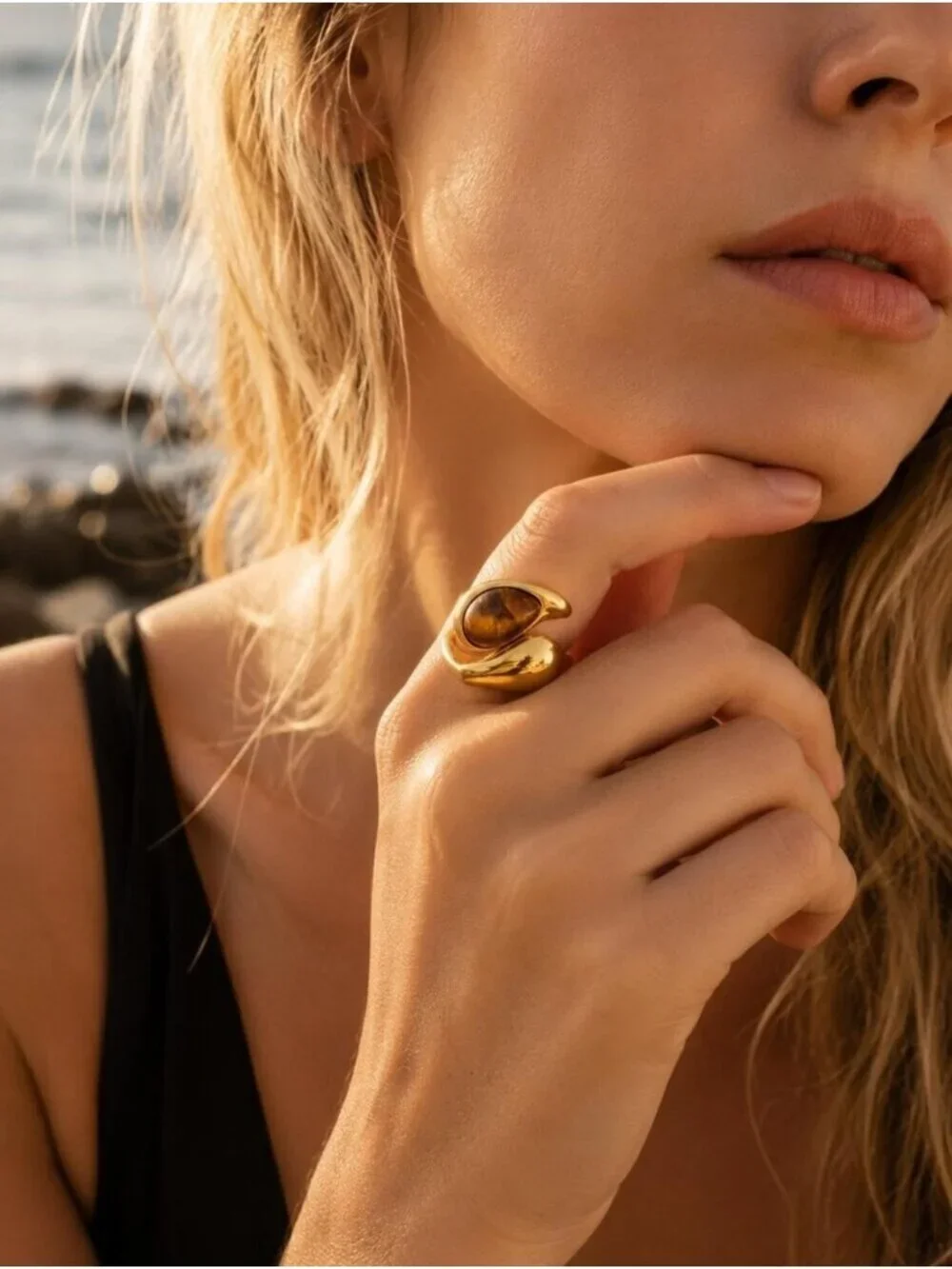 Gold plated Open Ring with Brown Teardrop Pearl
